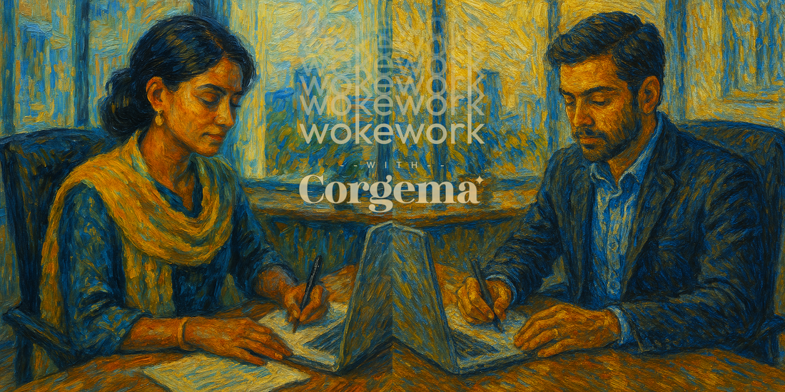 featuring a woman in a vibrant yellow shawl at a sunlit desk, and the other showing a man writing with focus near a window. Both artworks capture everyday elegance